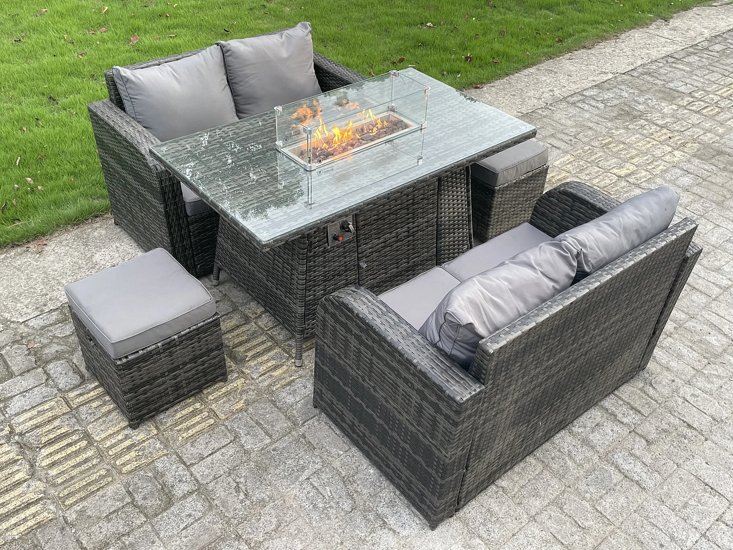 Fimous Rattan Outdoor Furniture Gas Fire Pit Rectangle Dining Table Gas Heater Love Sofa Small Footstools Sets 6 Seater
