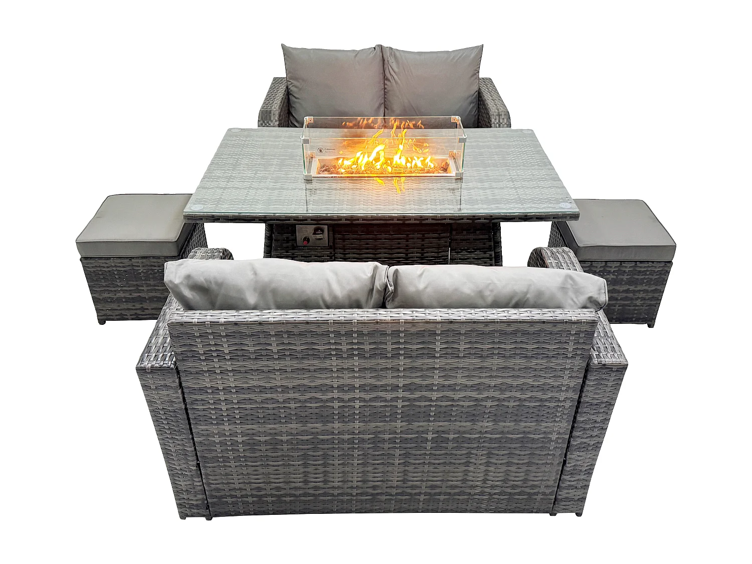 Fimous Rattan Outdoor Furniture Gas Fire Pit Rectangle Dining Table Gas Heater Love Sofa Small Footstools Sets 6 Seater