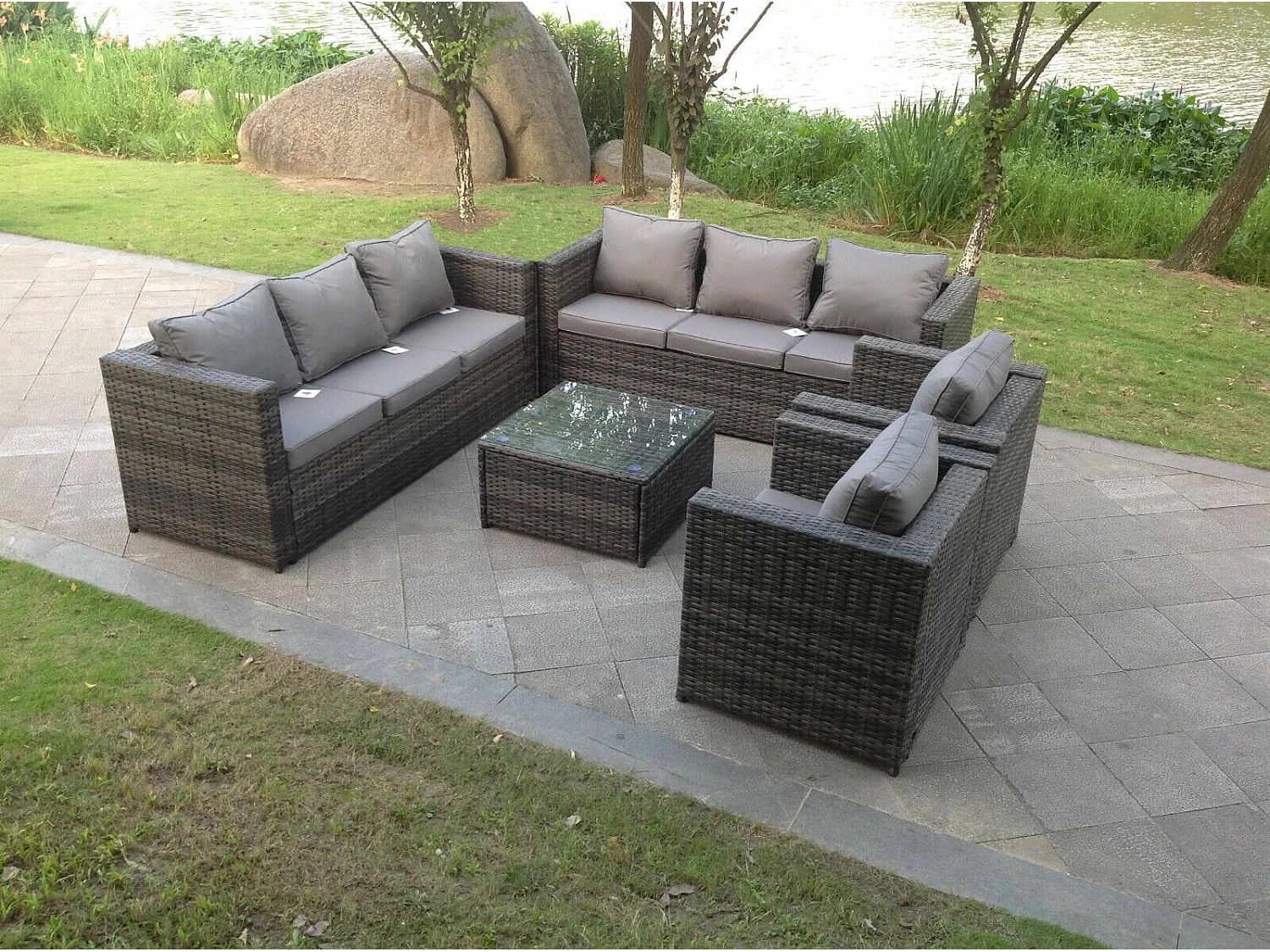 Fimous 8 Seater Outdoor Rattan Garden Furniture Lounge Sofa Chair Table Set In Dark Grey
