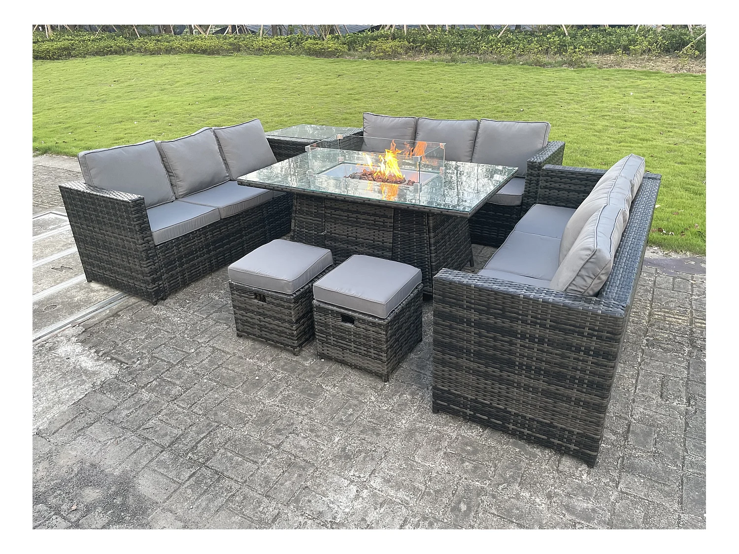 11 places Mobilier À Dîner De Jardin en rotin ave Table de foyer à gaz Canapé Table d'appoint Tabourets Mélange gris foncé