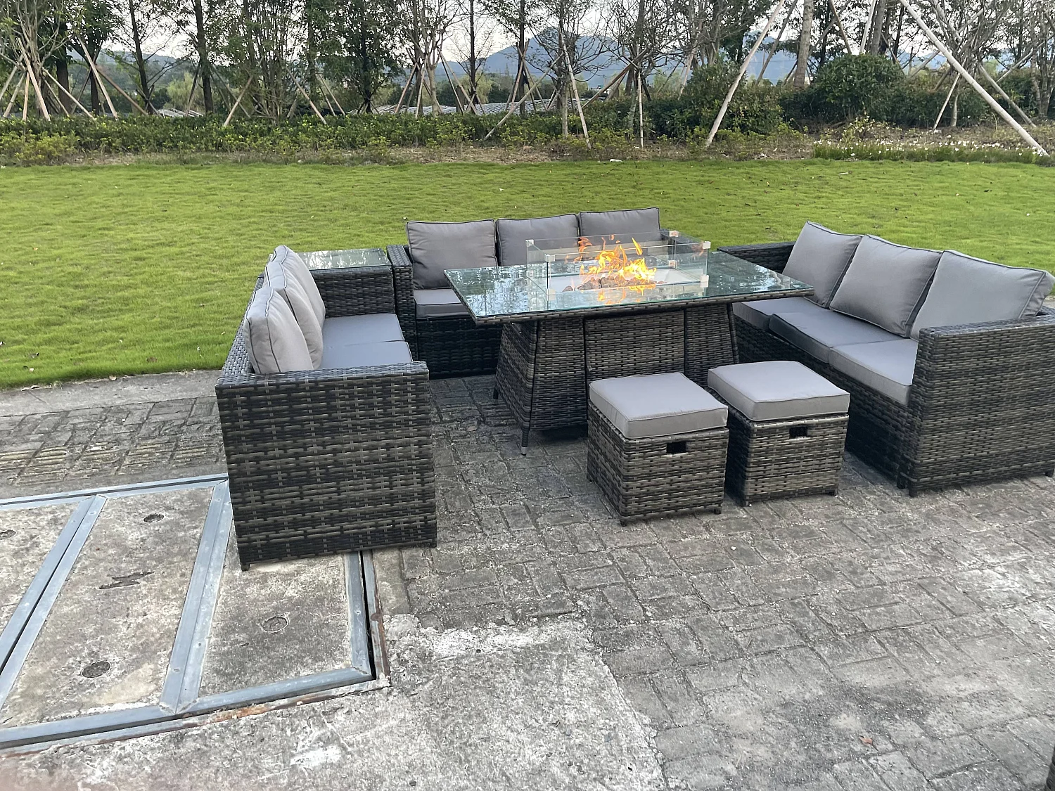 Fimous Outdoor Rattan Garden Furniture Gas Fire Pit Dining Table Gas Heater Sets Side Table Small Footstools Dark Mixed Grey 11 Seater