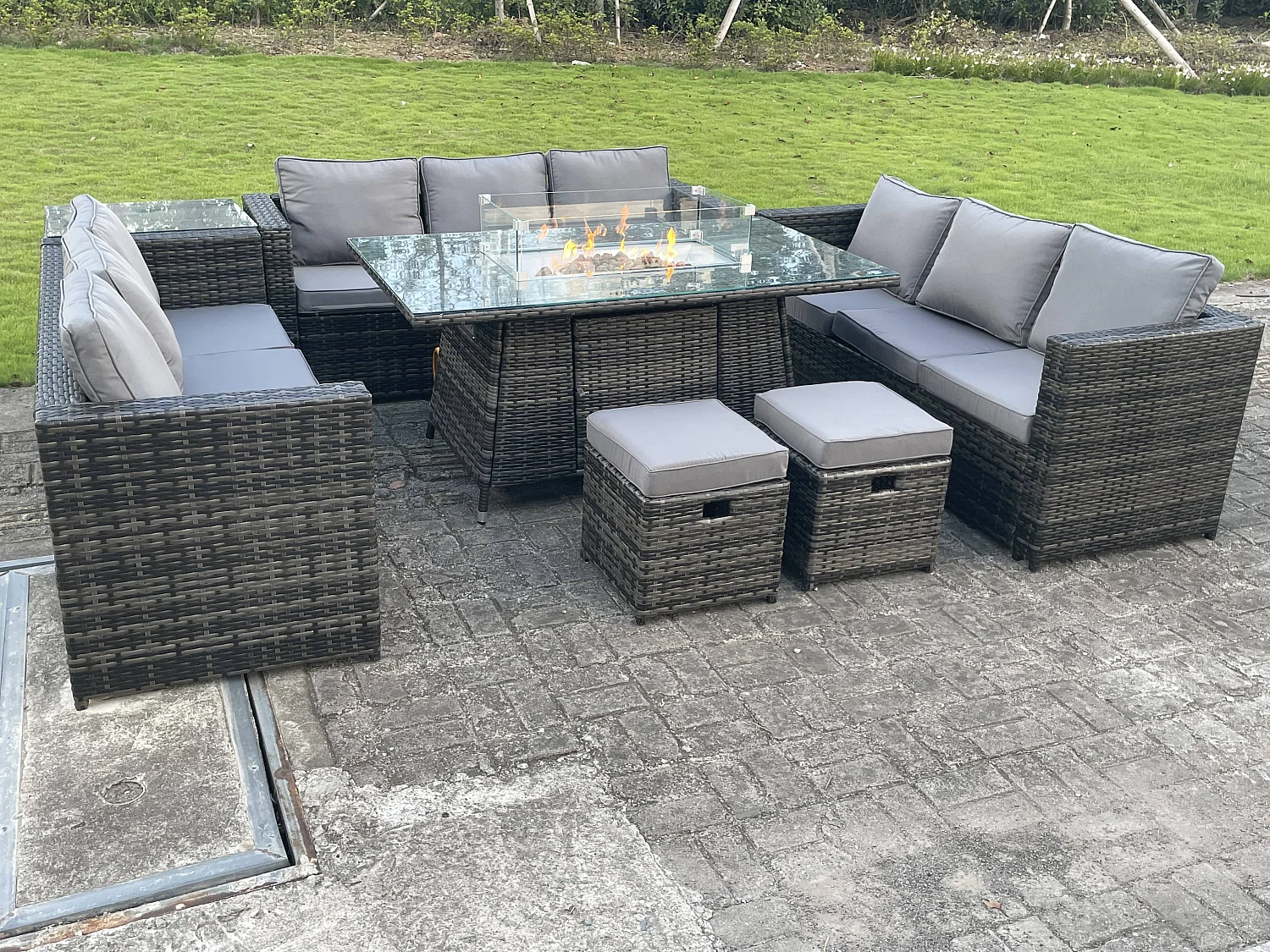 Fimous Outdoor Rattan Garden Furniture Gas Fire Pit Dining Table Gas Heater Sets Side Table Small Footstools Dark Mixed Grey 11 Seater