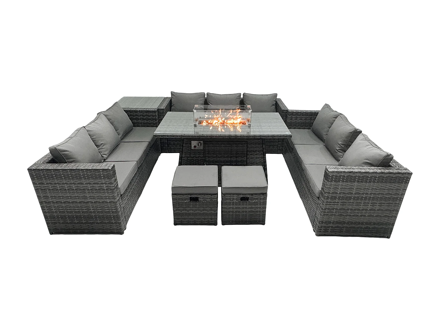 Fimous Outdoor Rattan Garden Furniture Gas Fire Pit Dining Table Gas Heater Sets Side Table Small Footstools Dark Mixed Grey 11 Seater