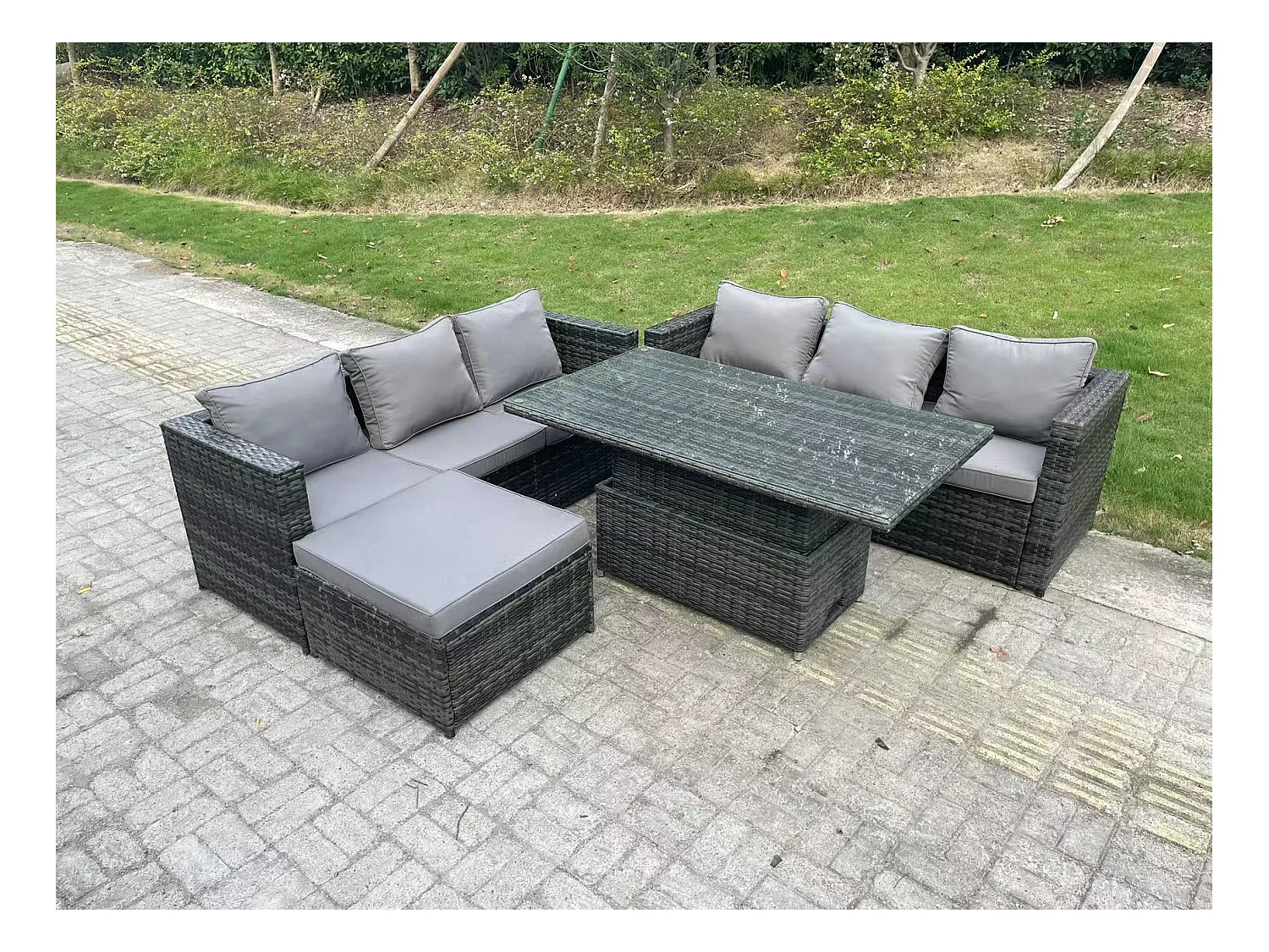 7 Places Ensemble de meubles de jardin en rotin ave Table à manger réglable en hauteur canapé Tabourets Mélange gris foncé