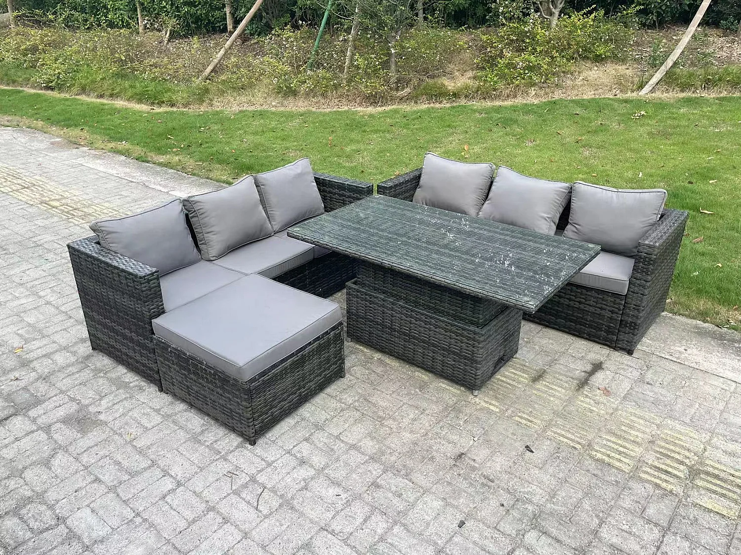 Fimous 7 Seater Wicker PE Rattan Garden Furniture Sofa Set Outdoor Adjustable Rising Lifting Dining Table Set with Big Footstool Dark Grey Mixed