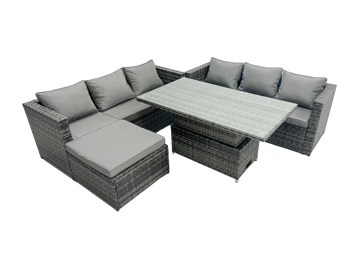Fimous 7 Seater Wicker PE Rattan Garden Furniture Sofa Set Outdoor Adjustable Rising Lifting Dining Table Set with Big Footstool Dark Grey Mixed