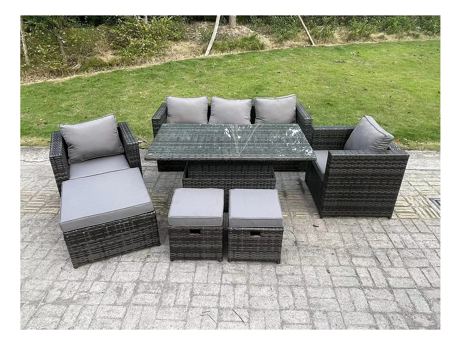 8 Places Ensemble de meubles de jardin en rotin ave Table à manger réglable en hauteur canapé Chaises 3 Tabourets Mélange gris foncé