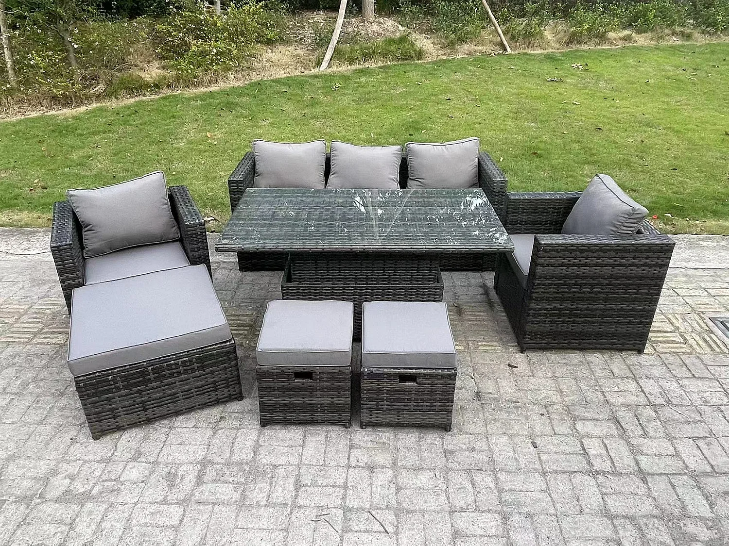 Fimous 8 Seater Outdoor Rattan Garden Furniture Sofa Set Patio Adjustable Rising Lifting Dining Table Set with Armchairs 3 Footstools Dark Grey Mixed