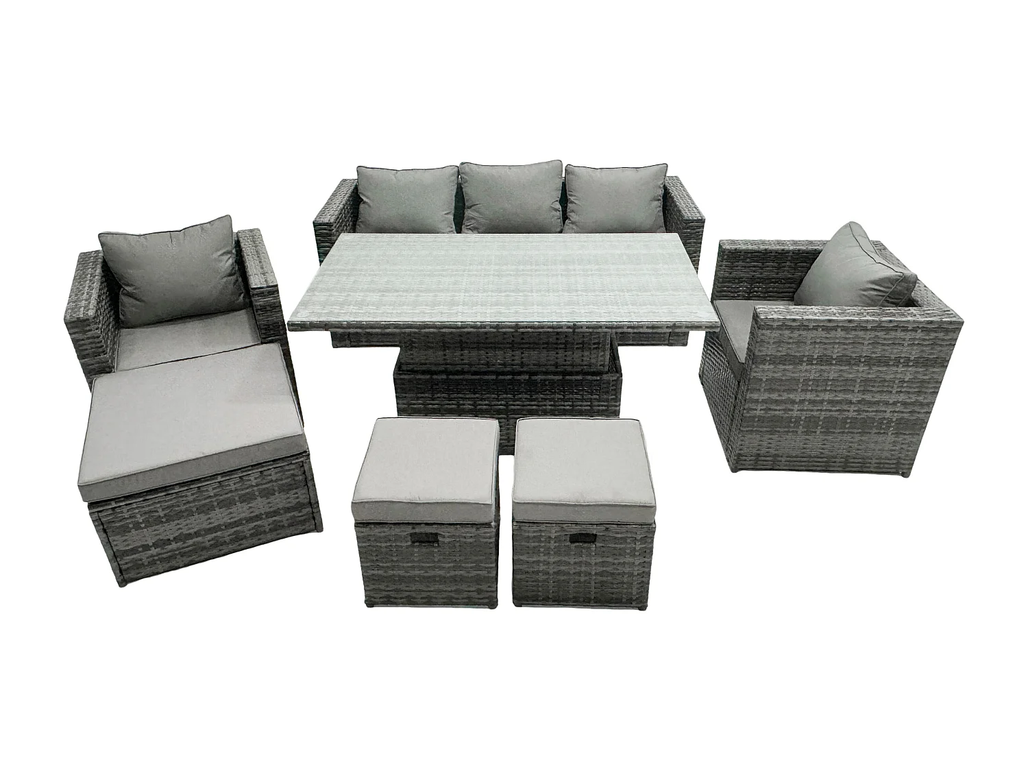Fimous 8 Seater Outdoor Rattan Garden Furniture Sofa Set Patio Adjustable Rising Lifting Dining Table Set with Armchairs 3 Footstools Dark Grey Mixed