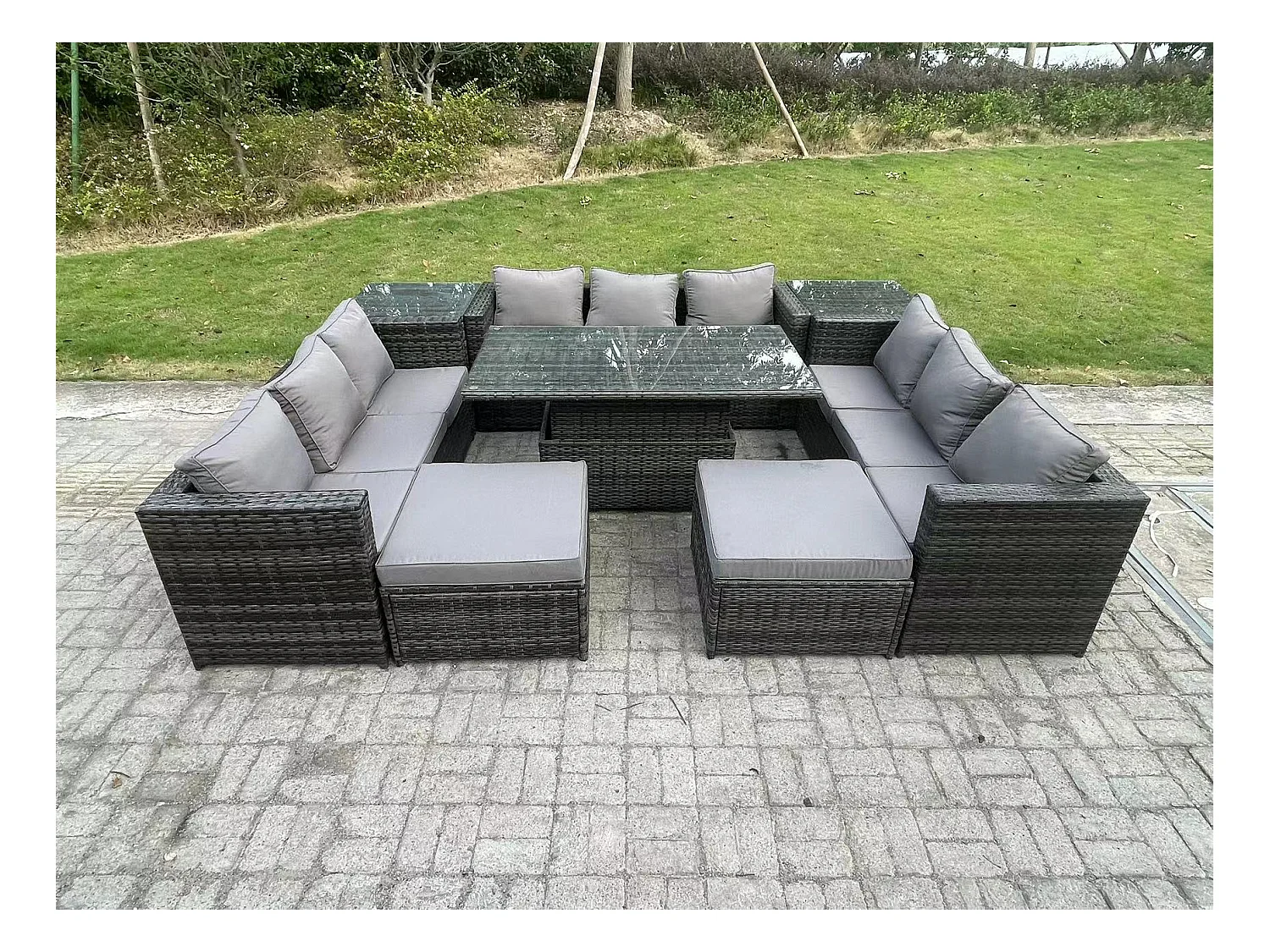 Rattan Gartenmöbel Set mit Einstellbare Höhe Esstisch Sofa 2 Hocker
