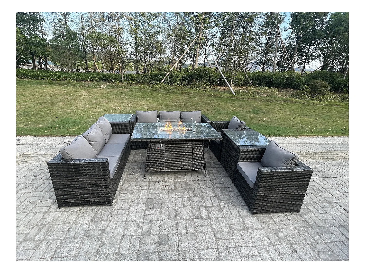 8 places Mobilier À Dîner De Jardin en rotin ave Table de foyer à gaz Canapé 2 Chaises Table d'appoint Mélange gris foncé