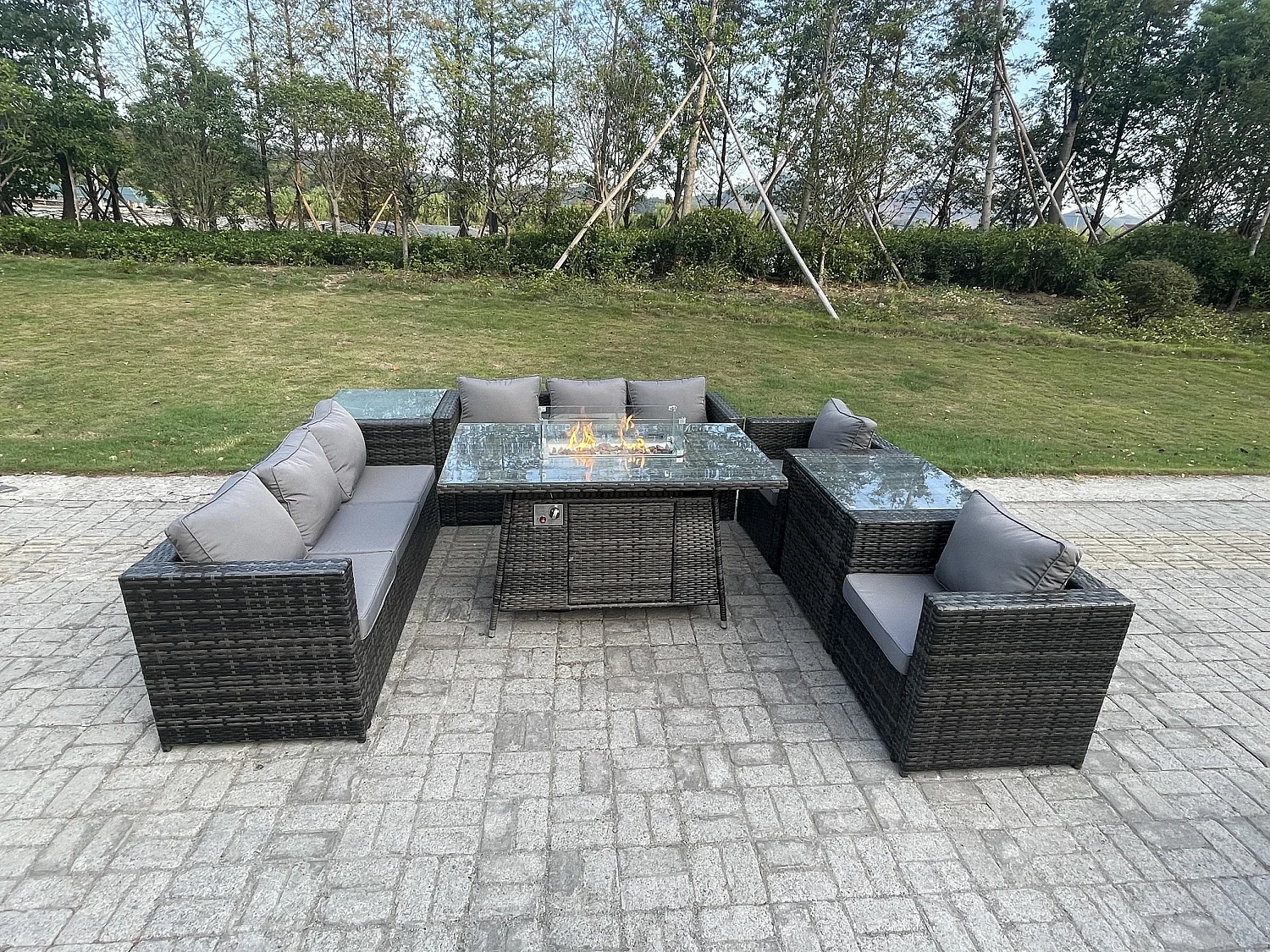 Fimous Outdoor Rattan Garden Furniture Gas Fire Pit Dining Table Sets Gas Heater Lounge Chairs Side Tables Dark Mixed Grey 8 Seater