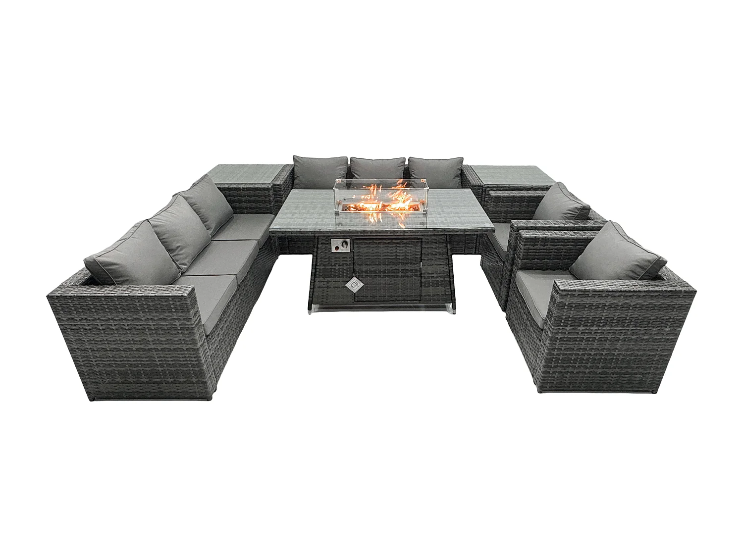 Fimous Outdoor Rattan Garden Furniture Gas Fire Pit Dining Table Sets Gas Heater Lounge Chairs Side Tables Dark Mixed Grey 8 Seater