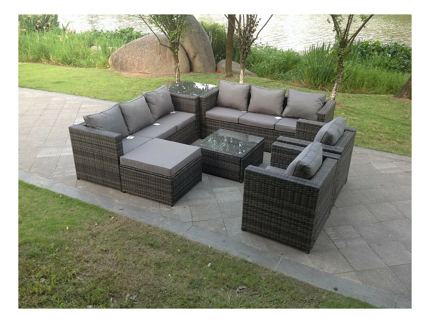 9 places Meubles de Jardin en rotin ave canapé Table d'appoint Tabourets Table basse Mélange gris foncé