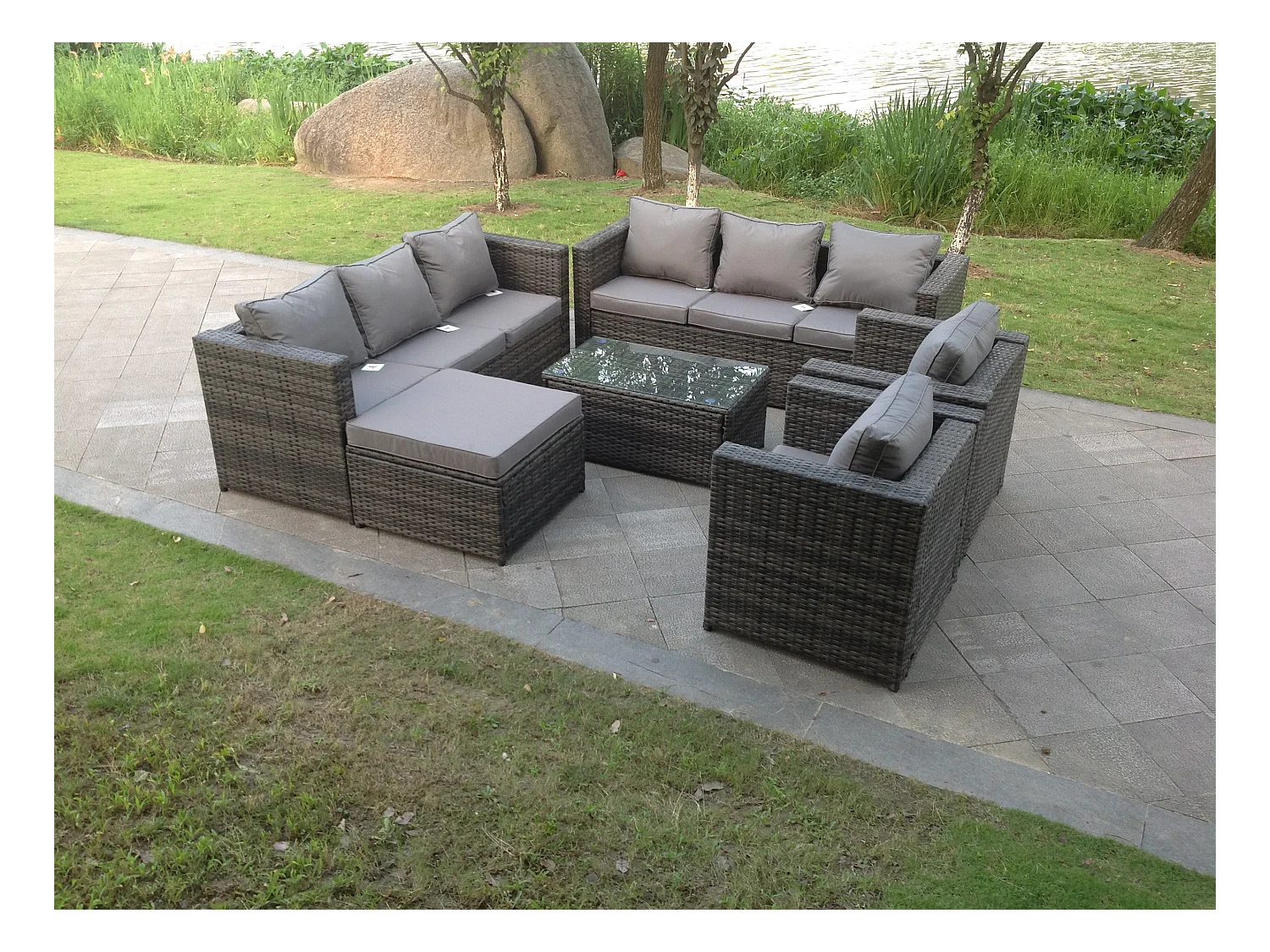 Meubles de jardin en rotin ave 2 Chaises 3 Places canapé Table basse carrée Tabourets Mélange gris foncé