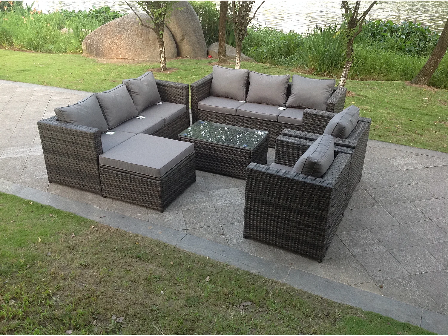 Meubles de jardin en rotin ave 2 Chaises 3 Places canapé Table basse carrée Tabourets Mélange gris foncé