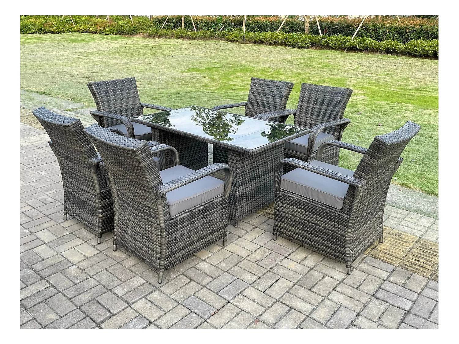 Meubles de Jardin en rotin table à manger et chaises Wicker patio extérieur 6 chaises plus table rectangulaire en verre trempé noir
