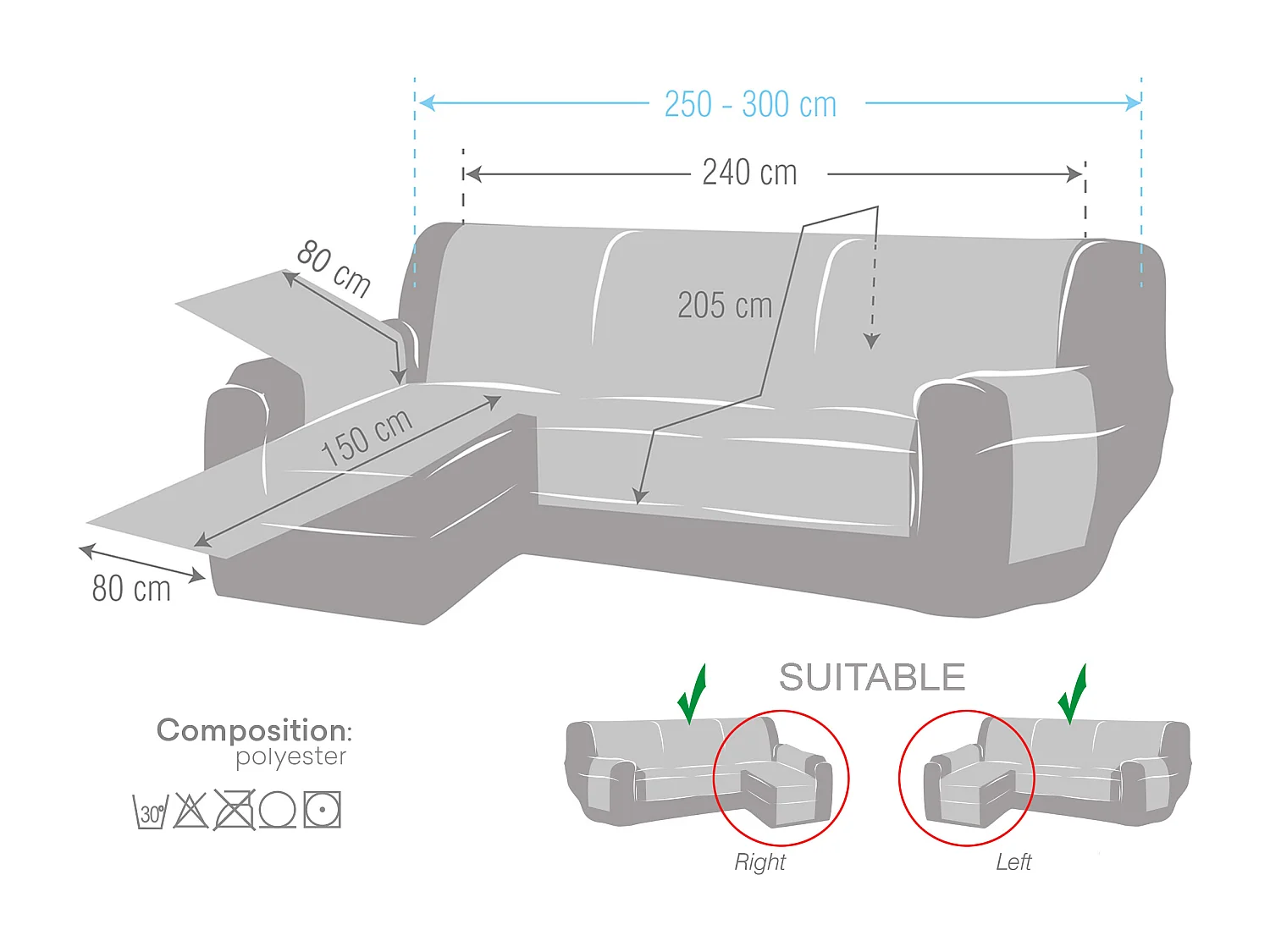 Capa de sofá acolchoada reversível chaise Michelle 240 cm C/00