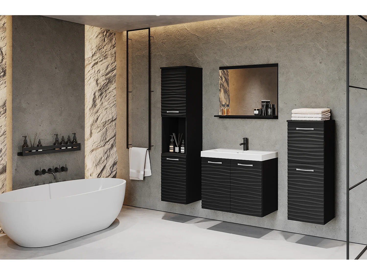 Ensemble de meubles de salle de bain - noir / noir graphite avec façade ondulée - GRIPTICIALS