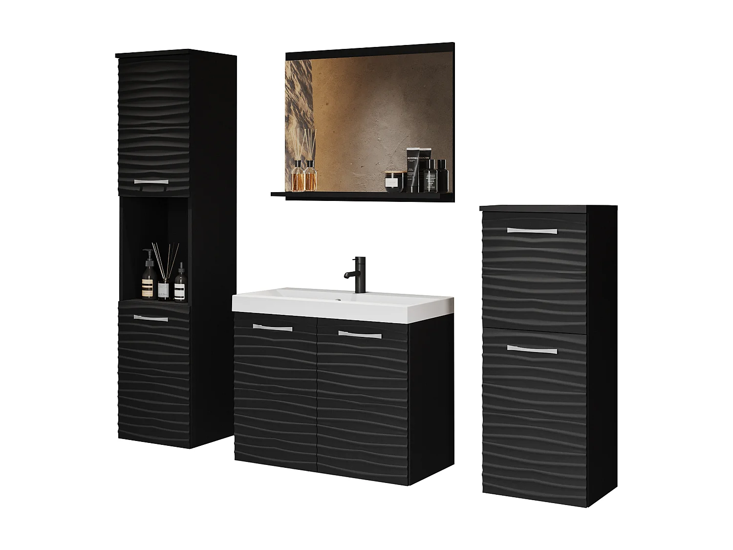 Ensemble de meubles de salle de bain - noir / noir graphite avec façade ondulée - GRIPTICIALS