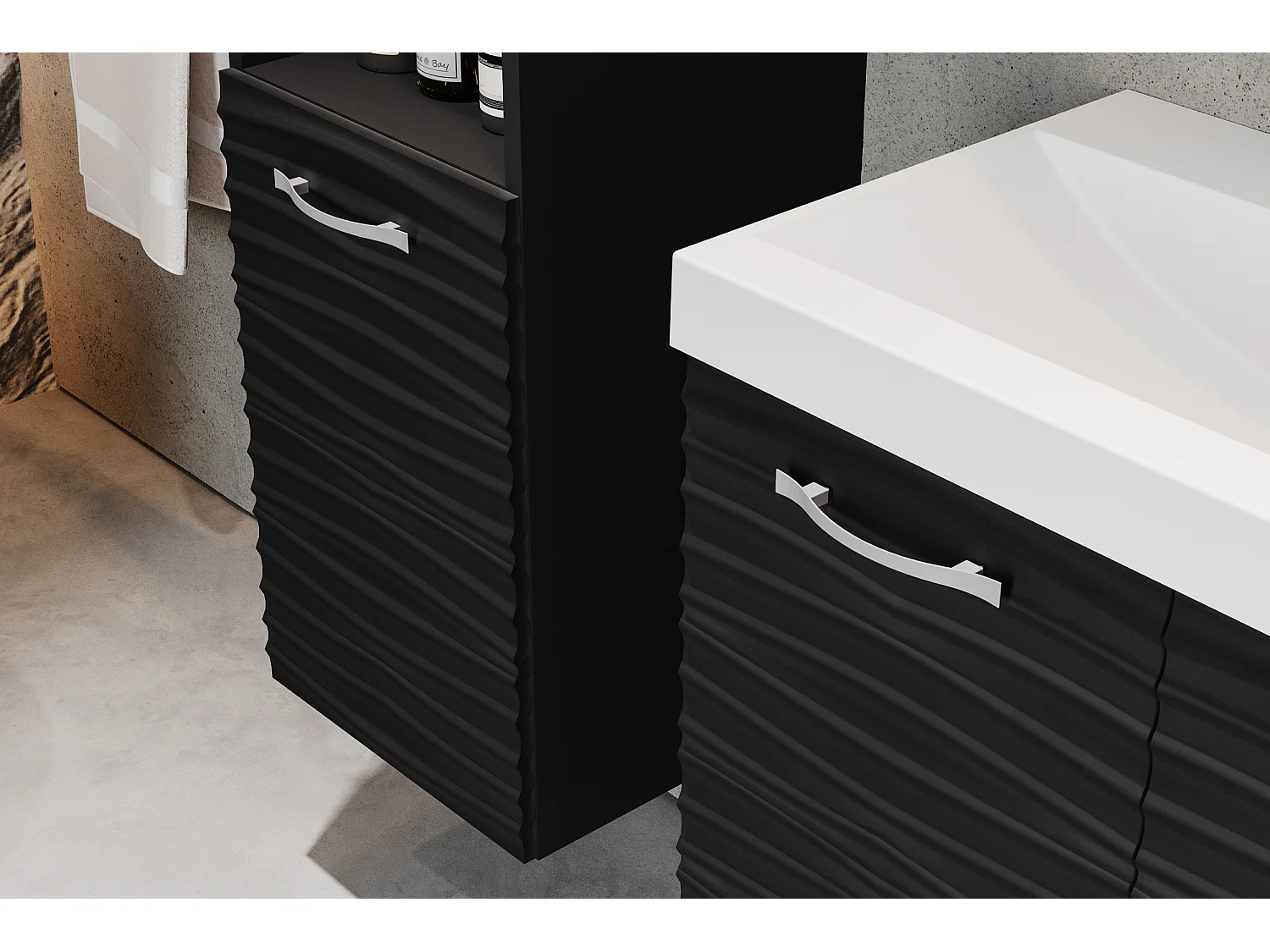 Ensemble de meubles de salle de bain - noir / noir graphite avec façade ondulée - GRIPTICIALS
