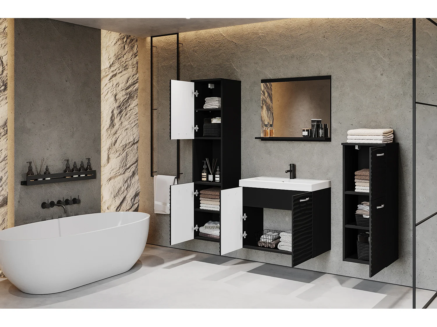 Ensemble de meubles de salle de bain - noir / noir graphite avec façade ondulée - GRIPTICIALS