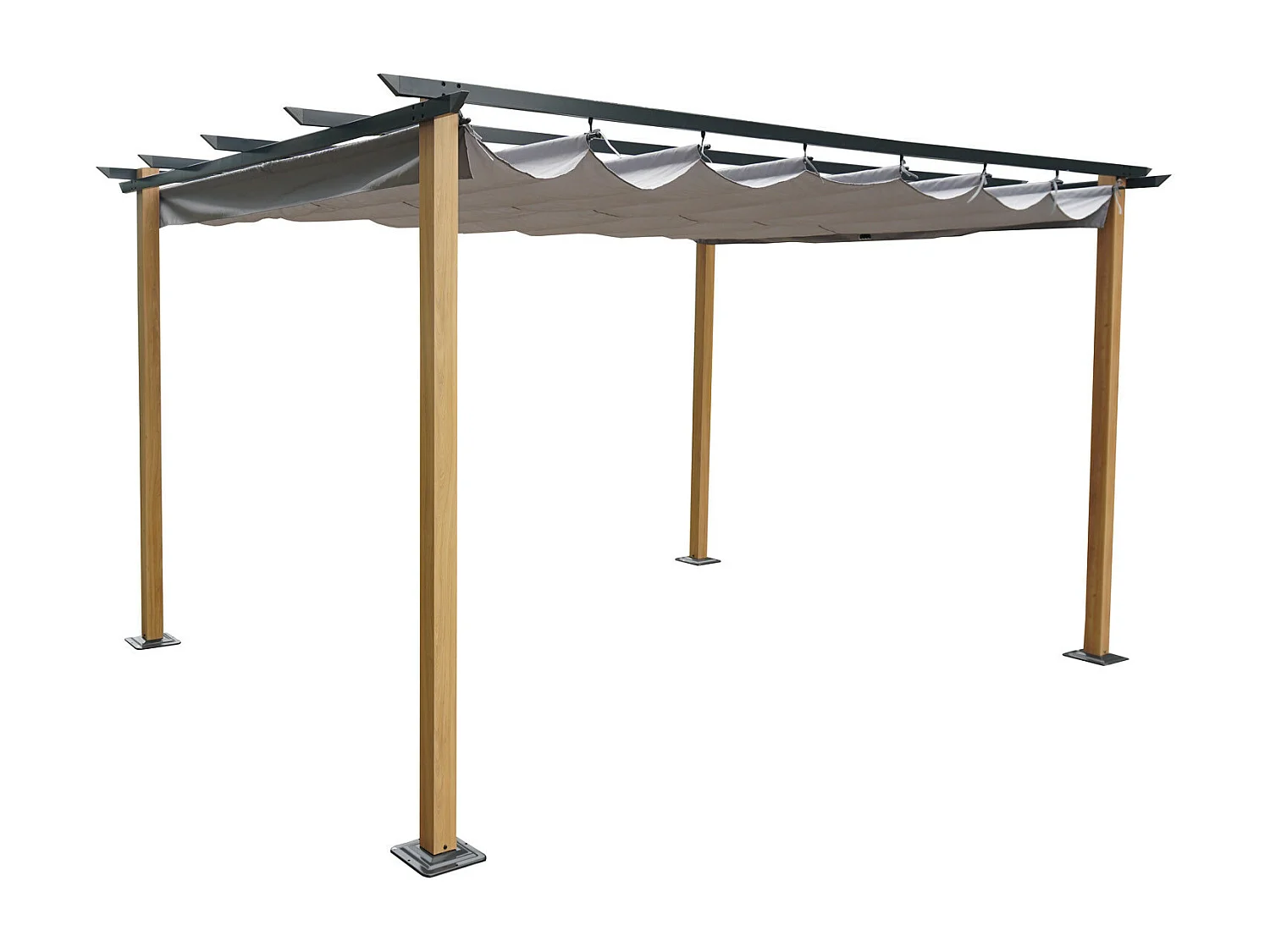 Tonnelle/Pergola en aluminium 3x4m toile coulissante rétractable - bois et gris - HAWAI