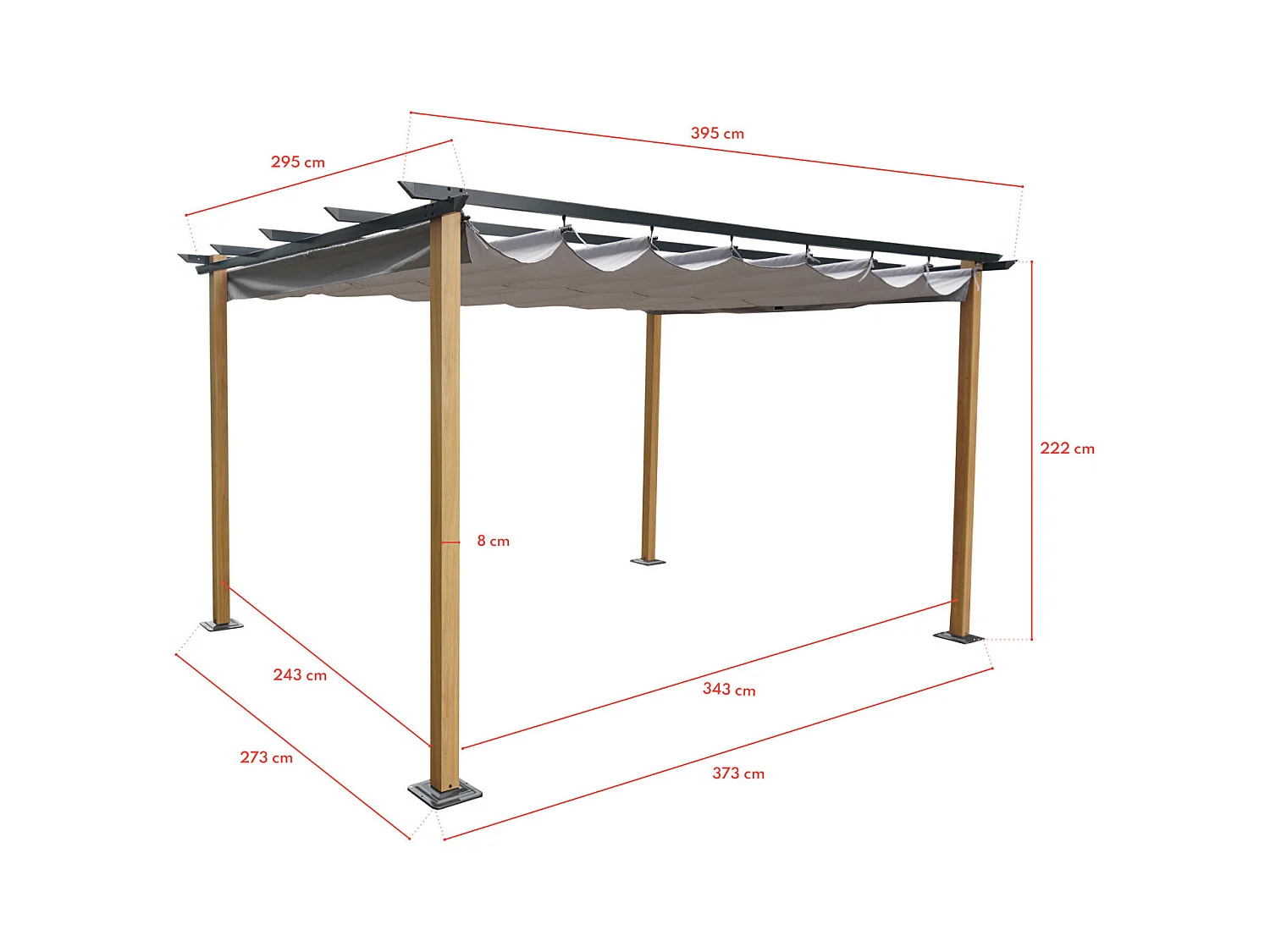 Tonnelle/Pergola en aluminium 3x4m toile coulissante rétractable - bois et gris - HAWAI