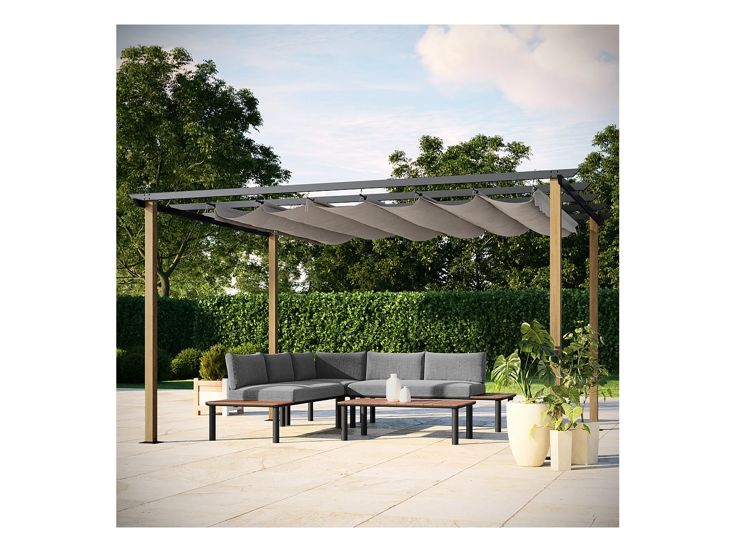 Tonnelle/Pergola en aluminium 3x4m toile coulissante rétractable - bois et gris - HAWAI