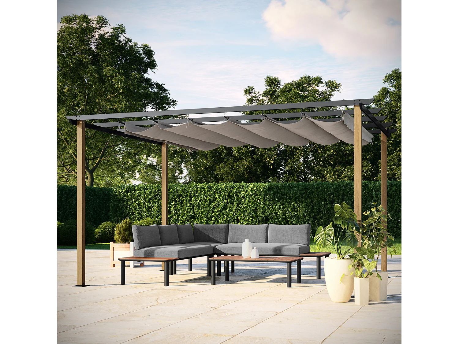 Tonnelle/Pergola en aluminium 3x4m toile coulissante rétractable - bois et gris - HAWAI