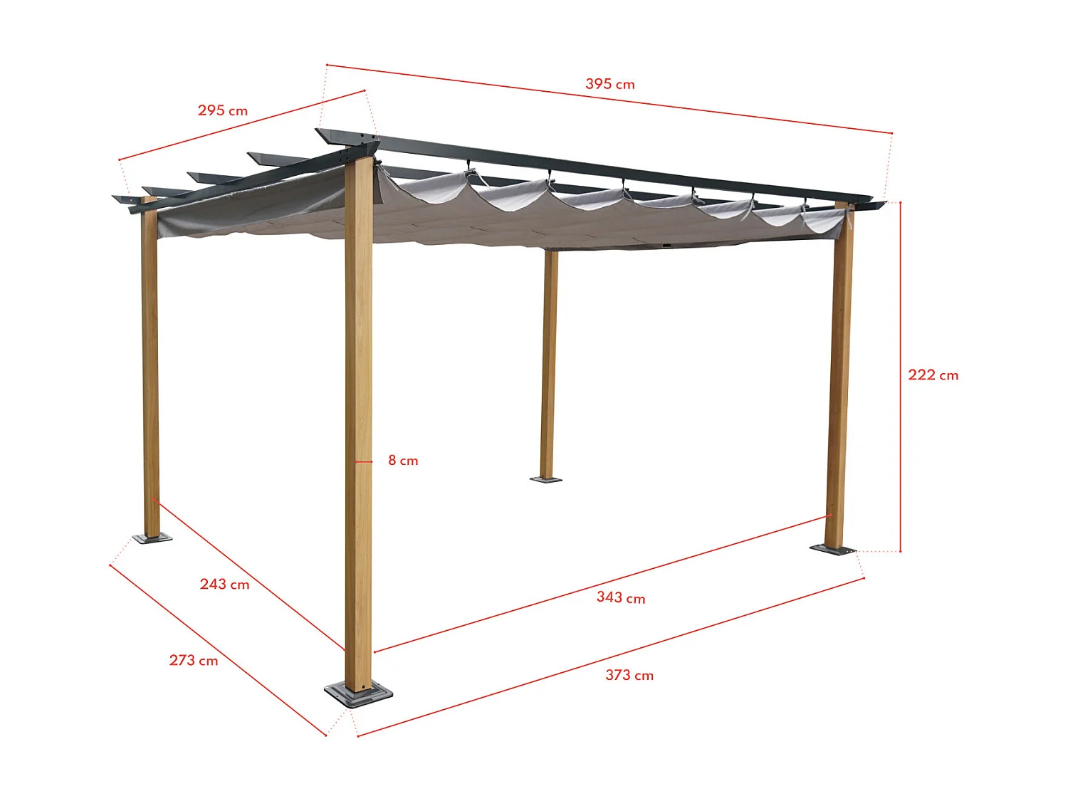 Tonnelle/Pergola en aluminium 3x4m toile coulissante rétractable - bois et gris - HAWAI