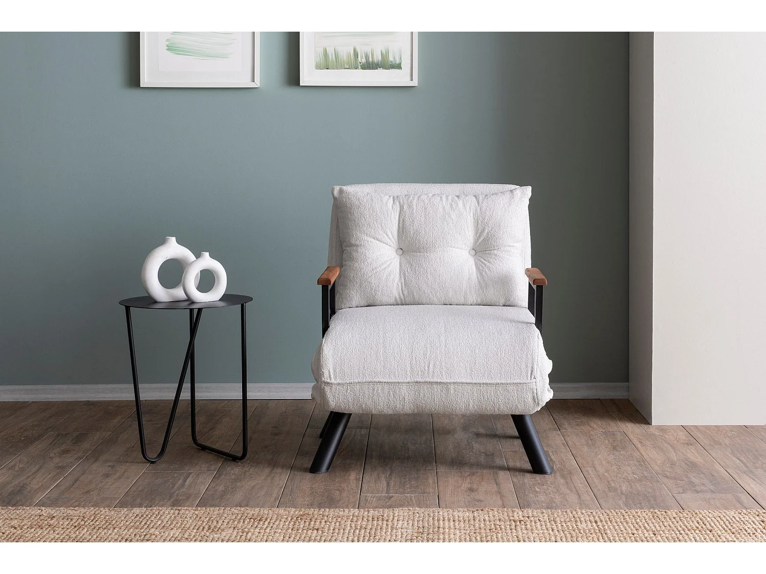 Fauteuil convertible Yolanda Métal Noir et Tissu bouclette Blanc crème