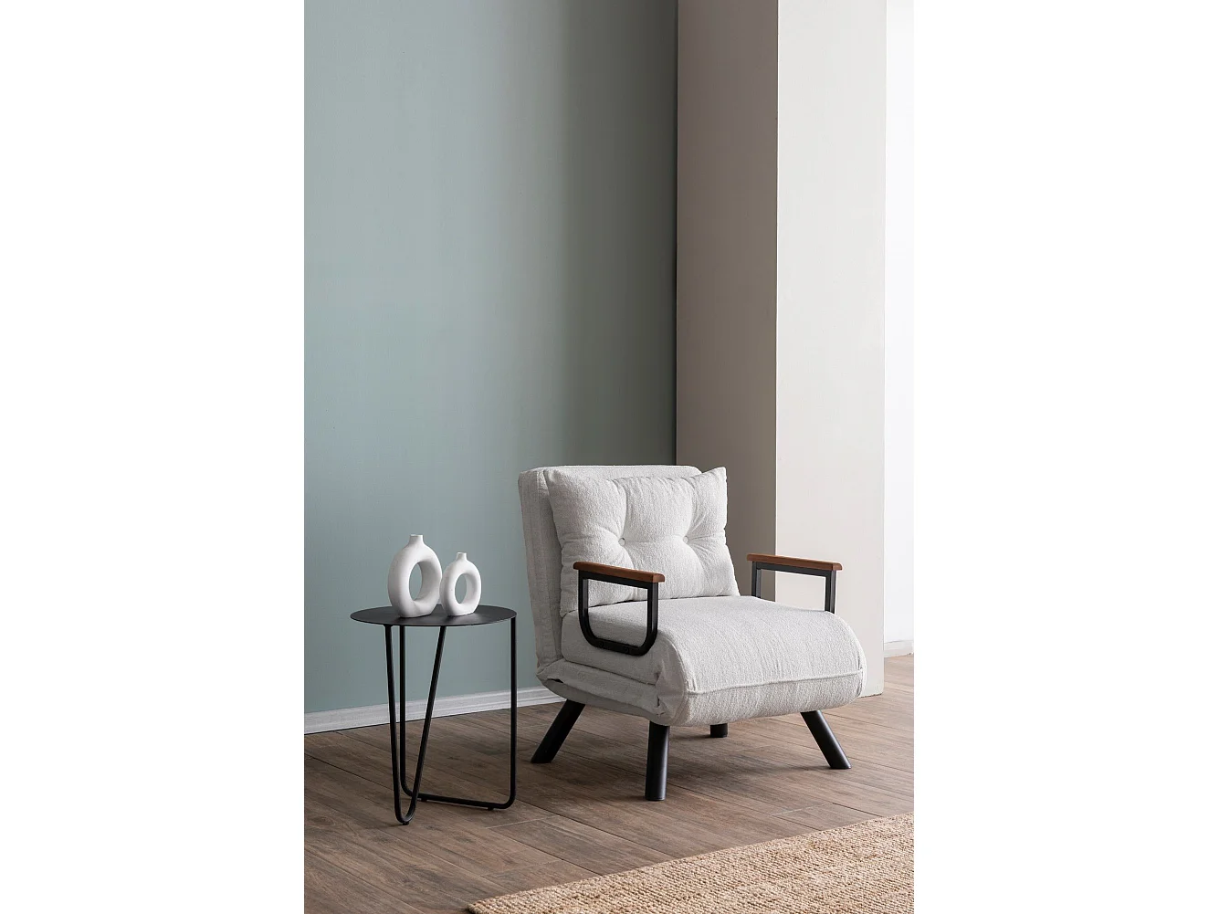 Fauteuil convertible Yolanda Métal Noir et Tissu bouclette Blanc crème