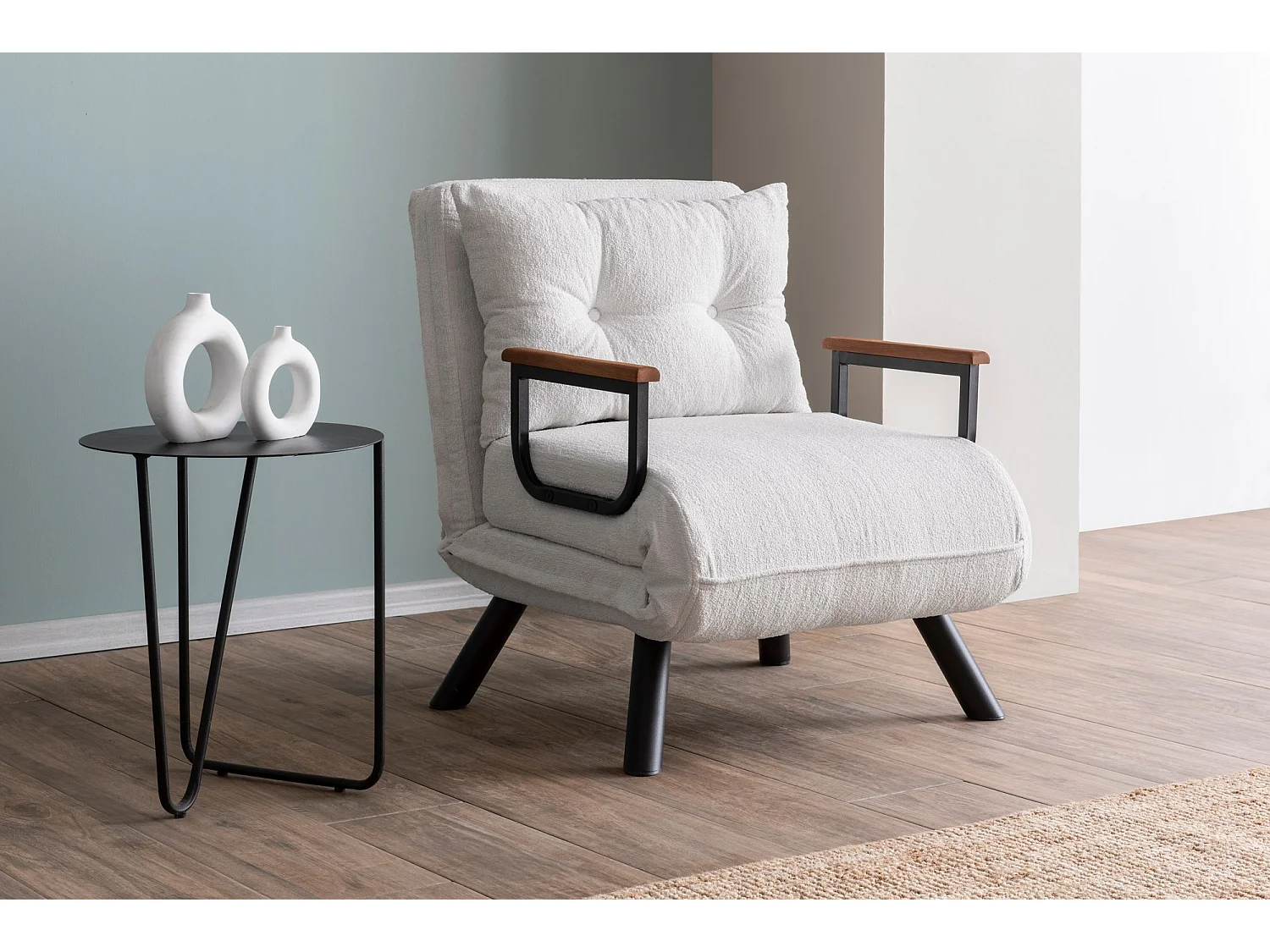 Fauteuil convertible Yolanda Métal Noir et Tissu bouclette Blanc crème