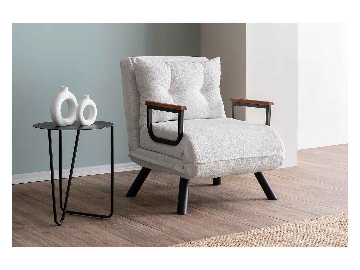Fauteuil convertible Yolanda Métal Noir et Tissu bouclette Blanc crème