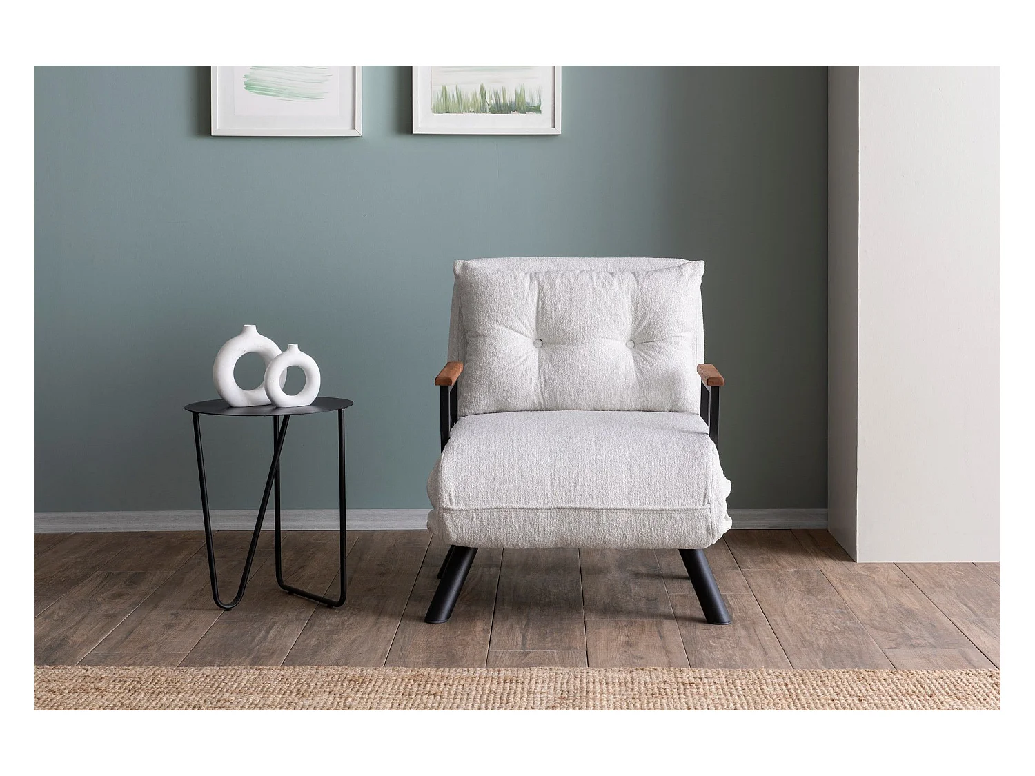 Sillón-cama de 1 plaza – 175x60 cm – Blanco – Metal y tela afelpada