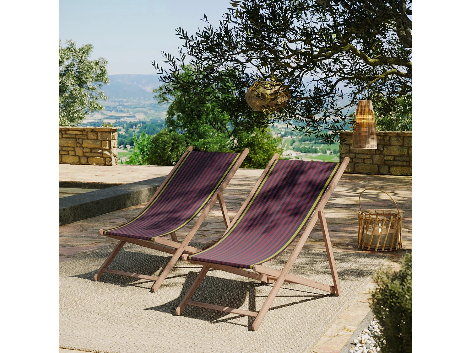 Lot de 2 chiliennes pliantes règlables - 100 % coton - bois hêtre - rouge - SAUVELADE BLEU DO