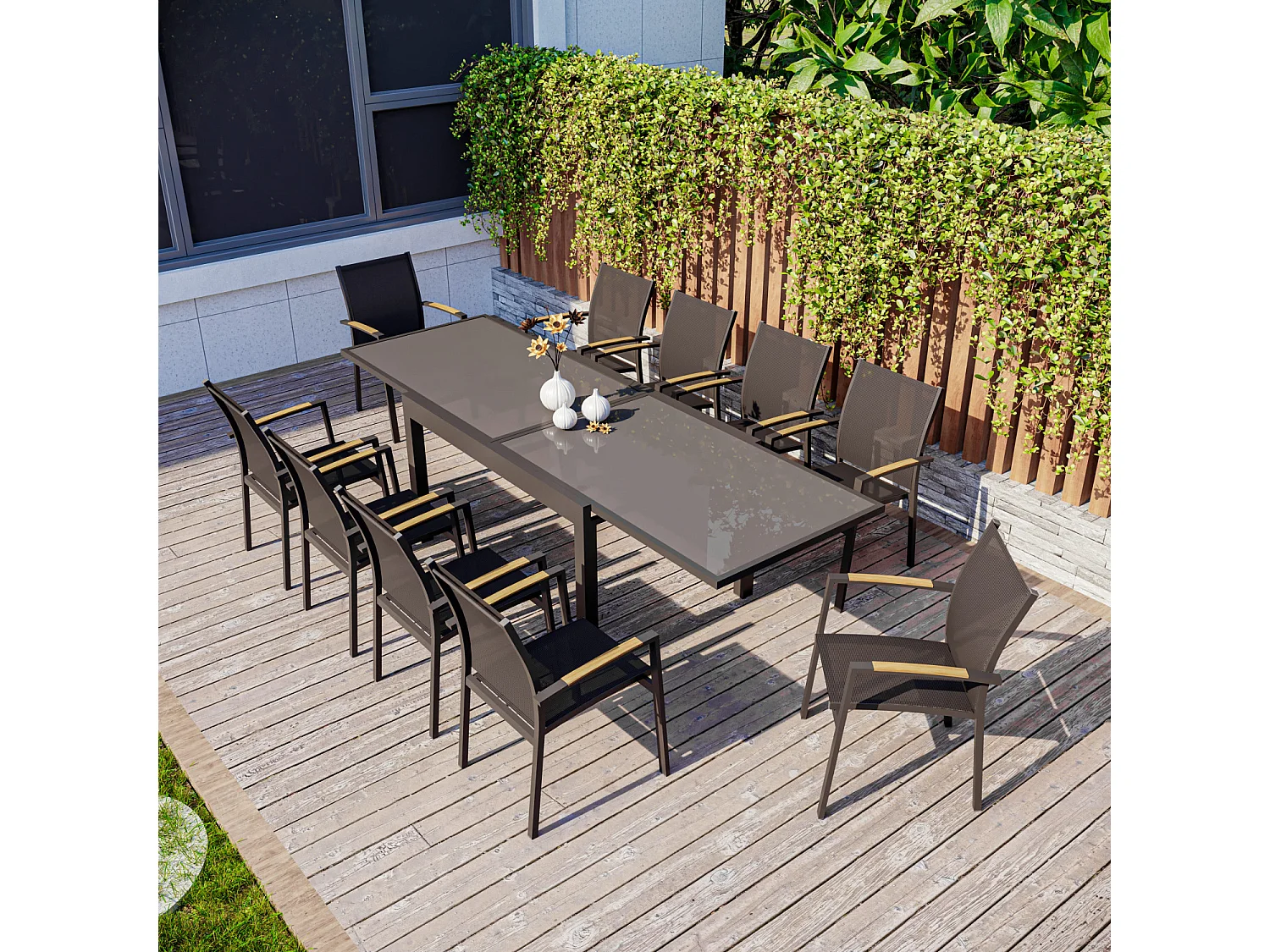 Table de jardin extensible aluminium 135/270cm + 10 fauteuils empilables textilène Gris Anthracite - LAZARE 10