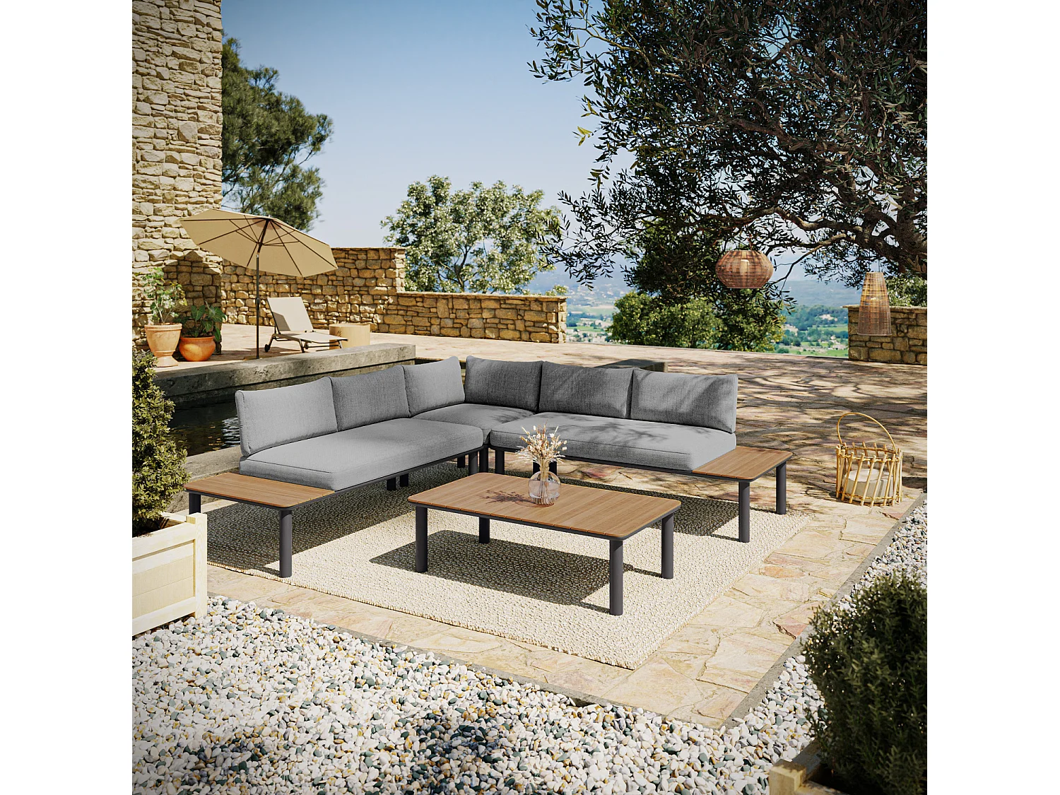 Salon de jardin d'angle en aluminium et bois - 5 places - Gris - RIVOLI