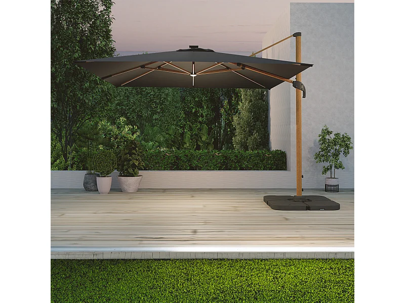 Parasol déporté LED 3x4m rectangle en aluminium housse incluse- rotatif 360° - Bois / Anthracite - OPERA