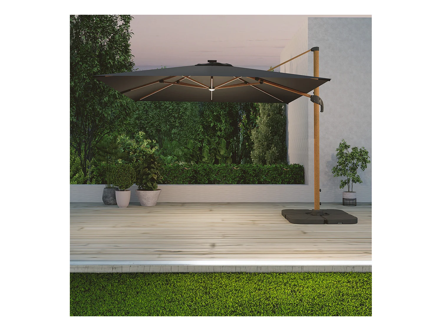Parasol déporté LED 3x4m rectangle en aluminium housse incluse- rotatif 360° - Bois / Anthracite - OPERA