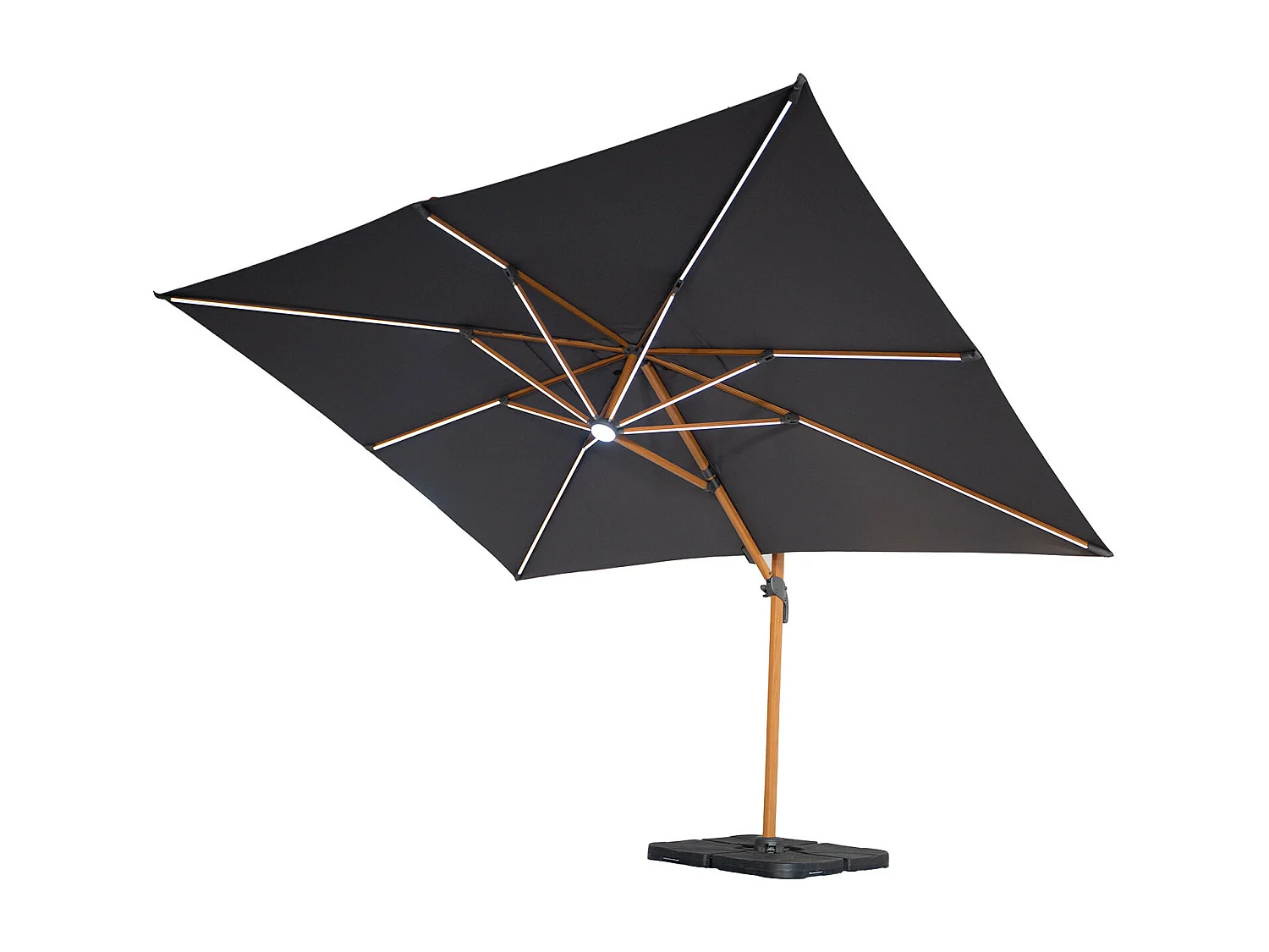 Parasol déporté LED 3x4m rectangle en aluminium housse incluse- rotatif 360° - Bois / Anthracite - OPERA