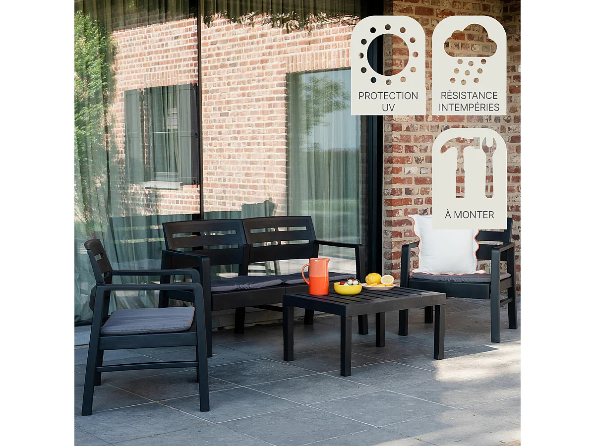 Salon bas de jardin en résine 4 places gris JAVA