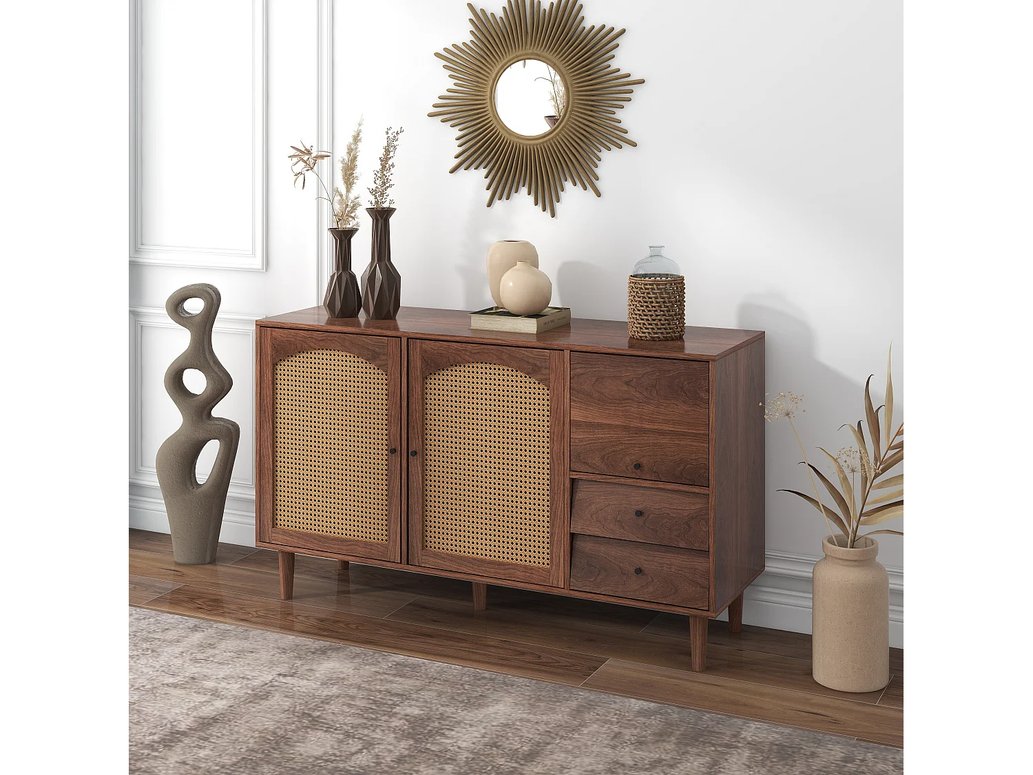 Buffet 130x75,5x40 cm avec insert en rotin - avec 3 portes et 2tiroirs irréguliers - naturel