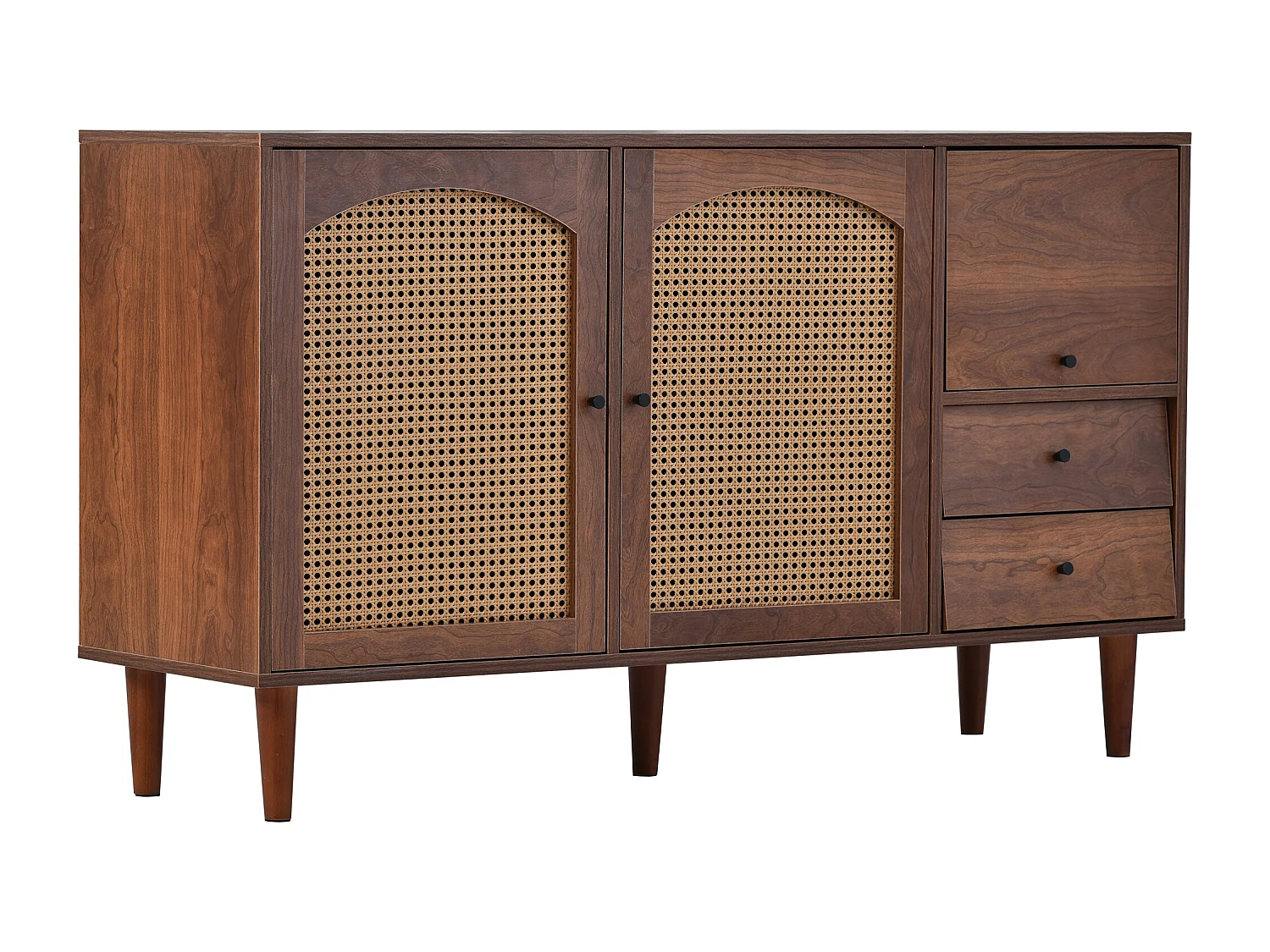 Buffet 130x75,5x40 cm avec insert en rotin - avec 3 portes et 2tiroirs irréguliers - naturel