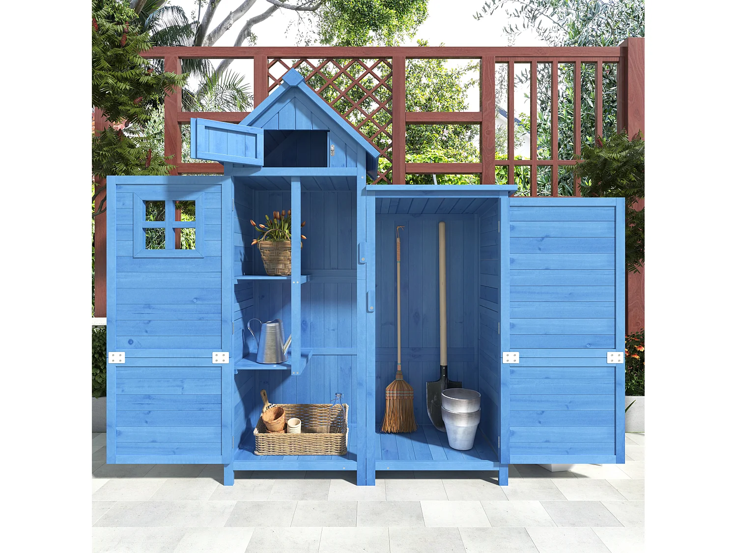 Abri de jardin pour les outiles résistant aux intempéries, bois - toit PVC - bleu