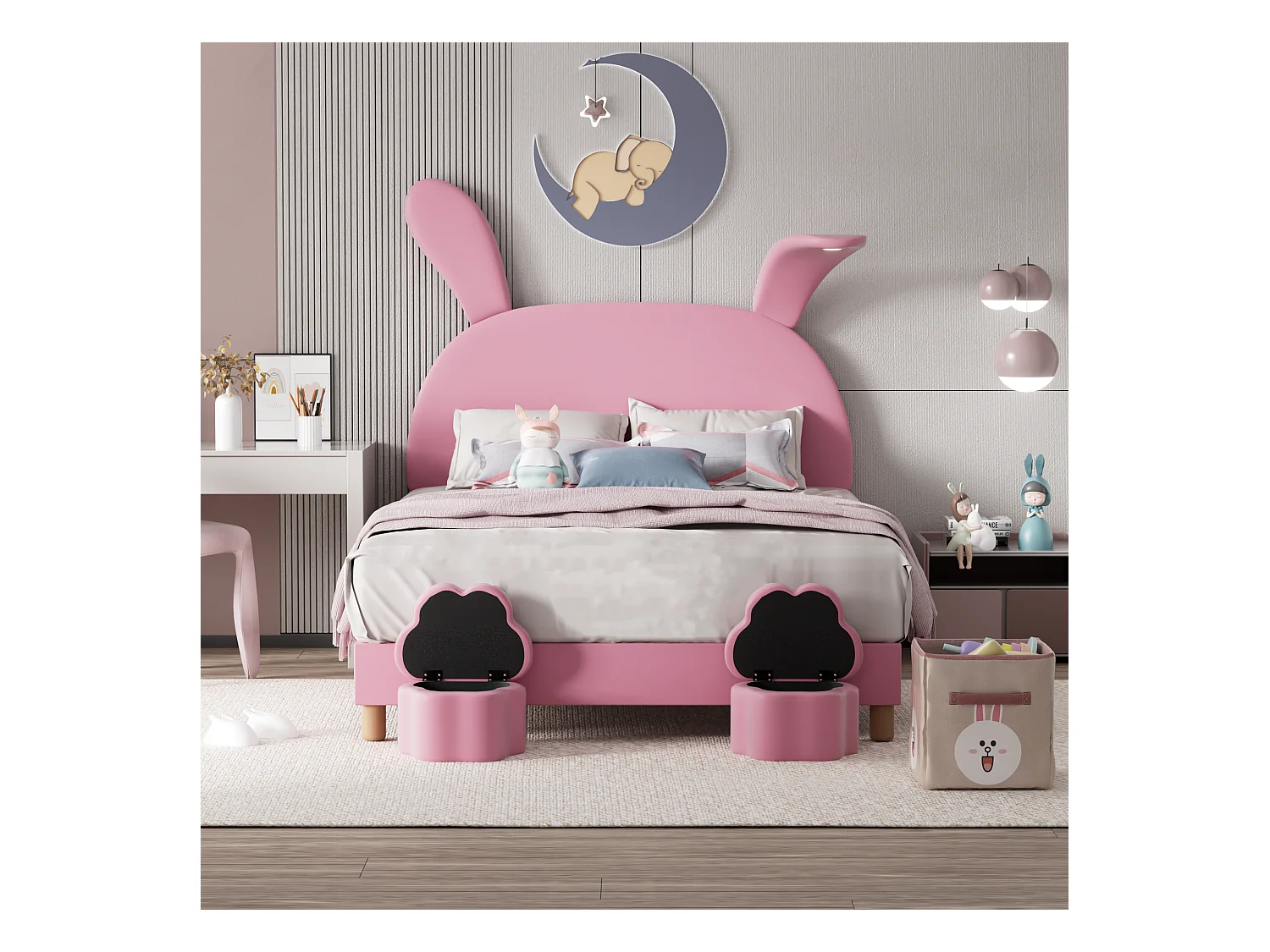 Lit enfant 140x200 cm lit double avec 2 tabourets, LED, oreilles de lapin dépliantes - velours rose - sans matelas