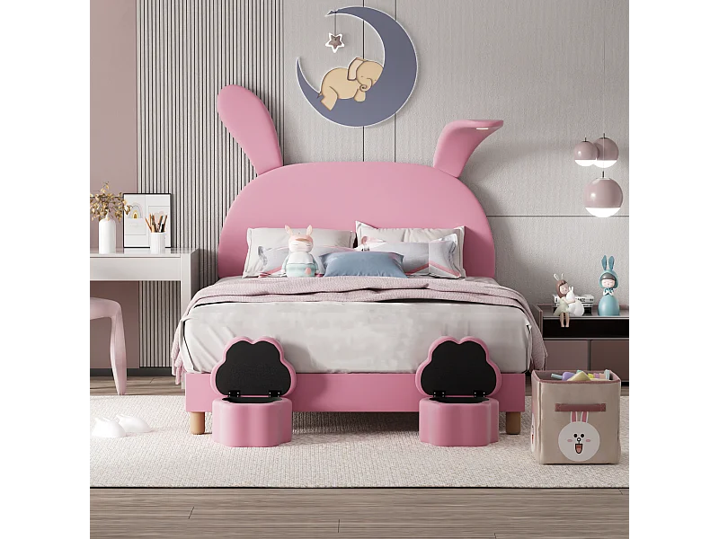 Kinderbett 140 x 200 cm – rosa Samt – mit LED-Beleuchtung und 2 Hockern – verstellbares Kopfteil