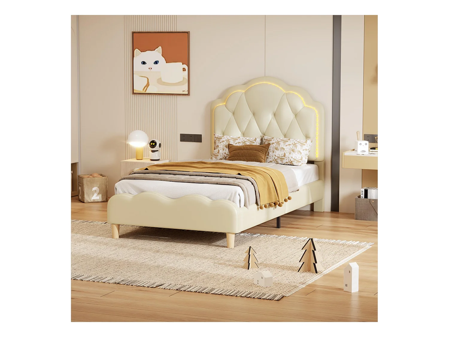 Lit enfant 90x200 cm - PU blanc - Lit avec bande lumineuse LED - Sommier à lattes en bois - Sans matelas