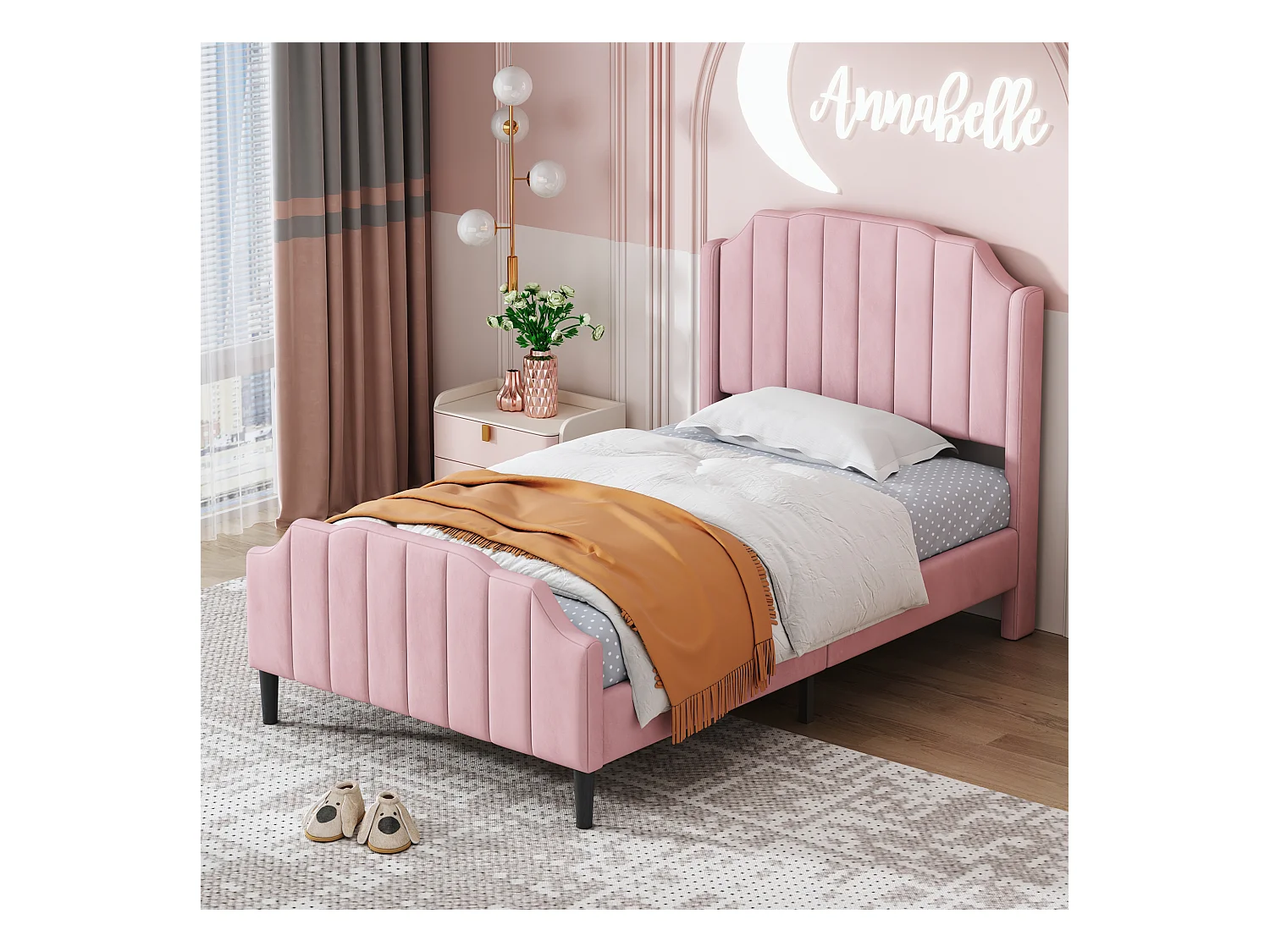Lit simple 90x200 cm lit enfant avec sommier à lattes et tête de lit capitonné, tissu en velours rose - sans matelas
